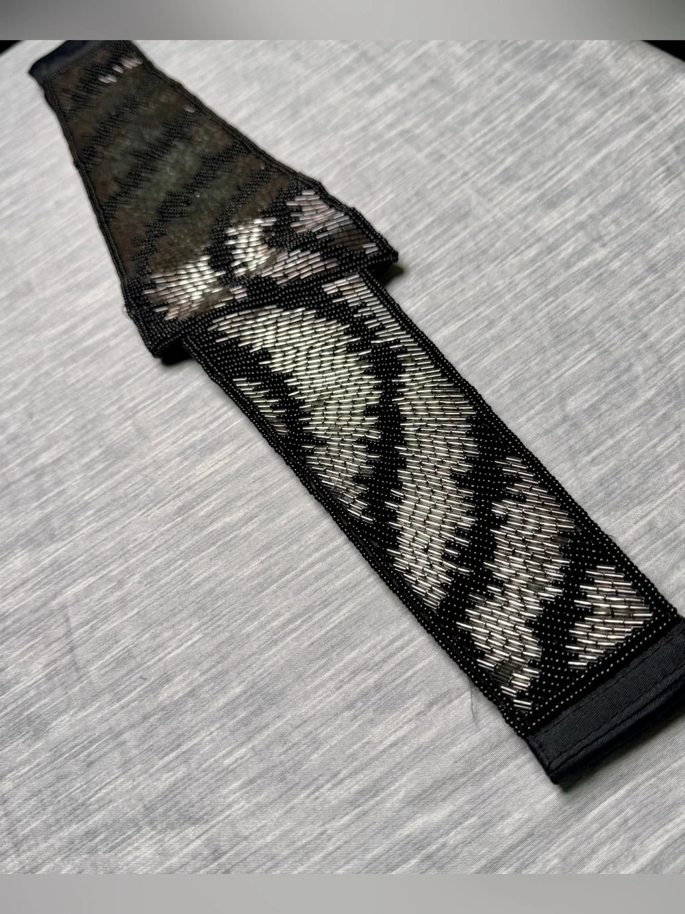 Lindsey Blake Wide Beaded Cummerbund Sash Belt Black Silver Vintage 80s